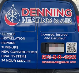 The blue Denning Heating and Air service van
